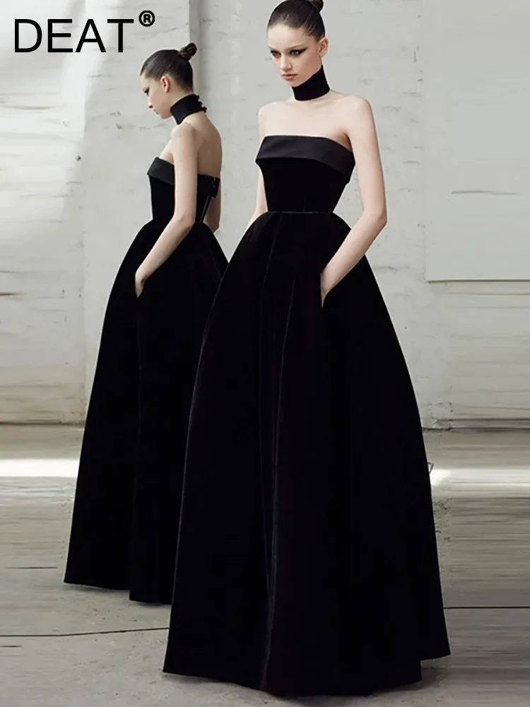 

DEAT Women Fashion Evening Dress Strapless Sleeveless Patchwork Velvet High Waist Elegant Party Dresses Spring 2024 New 13DB4616