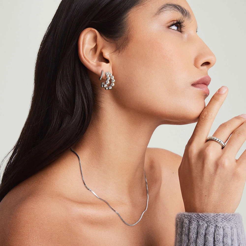 Double Layer Stainless Steel Beads C-shaped Hoop Earrings Anti Allergic Metal Mix Color Geometric Ear Huggie Punk Jewelry Brinco