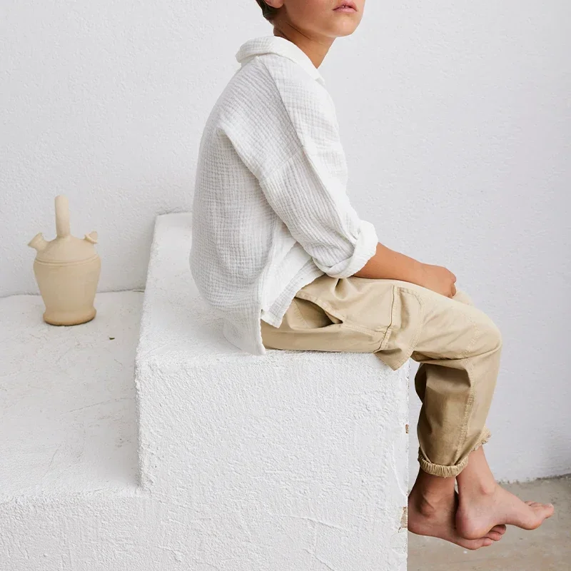Cotton Soft Gauze Boys Polo Shirt Spring Autumn New Children's Turn-Down Collar Long Sleeves White Shirts