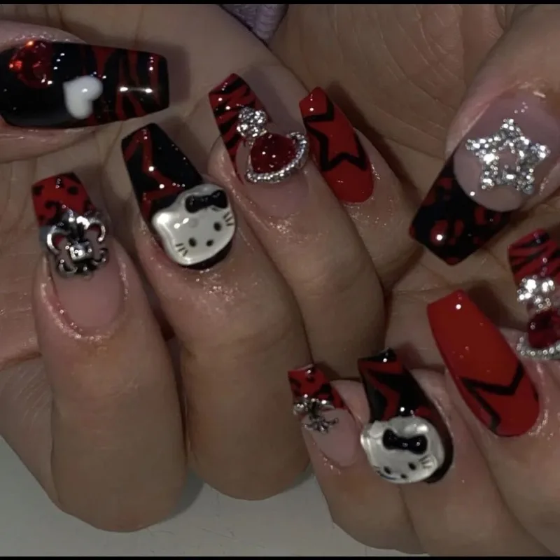 

10pcs Sanrio Hello Kitty Fake Nails New Cute Cartoon Ins Handmade High-End Manicure Dark Series False Nails with Wearing Tool