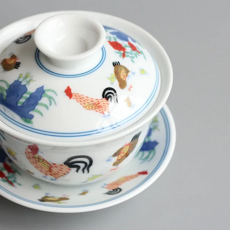 Jingdezhen-Chinese Teaset Archaistic Rooster GaiWan Ceramic Lid Bowl Coffee Cup and Saucer Set Tableware Teaware Teacups