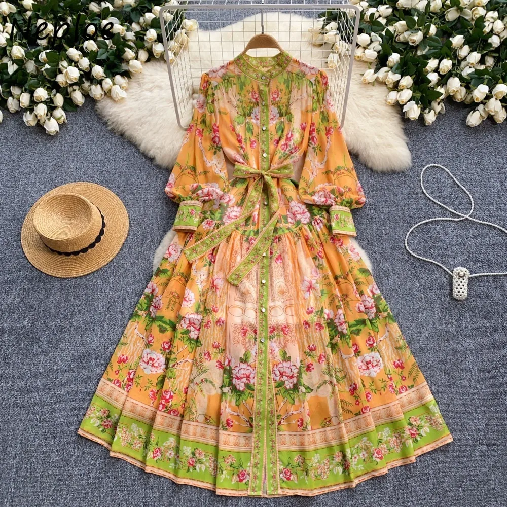 Neploe Europe High Waist Stand Collar Lantern Sleeve Mujer Lace Up Casual  Print Big Swing Dress Elegant Chiffon Trend Moda Robe - AliExpress 200000345