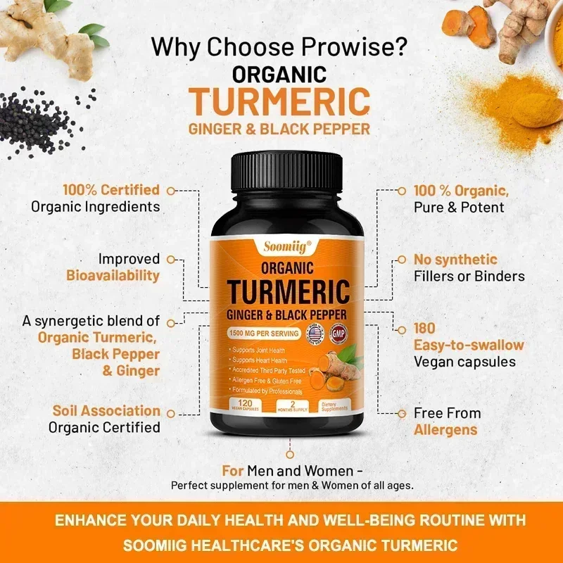 Organic Turmeric High Strength 1500 Mg | 120 Capsules with Black Pepper, Ginger and Active Curcumin Joints Heart Cognition