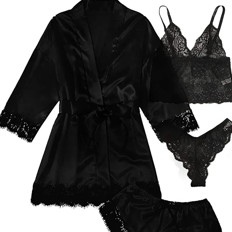 Women's Sexy Pajamas Nightgowns Lingerie Shorts 4-piece Lace Camisole Pajama Set Home Robe Nightgowns Leisure wear