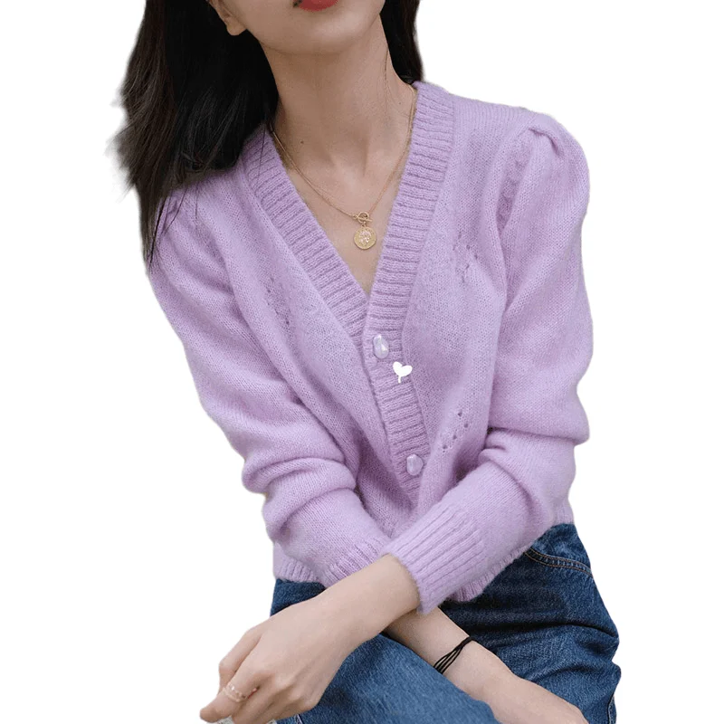 스웨터 겉옷 봄 가을 가디건 디자인 탑 여성용 얇은 니트 유휴 스타일, 보라색 짧은 초가을