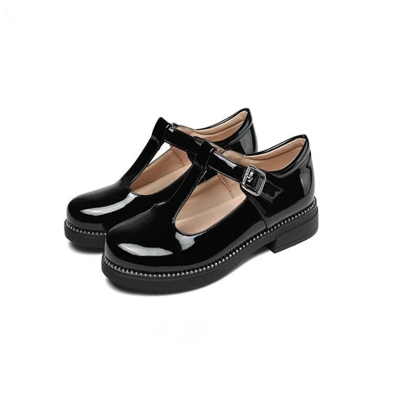 

T-Strap Girls Leather Shoes Patent Leather Womens Low Heel Mary Jane Lolita Shoes Cosplay Flats Round Head School Shoes 30-39