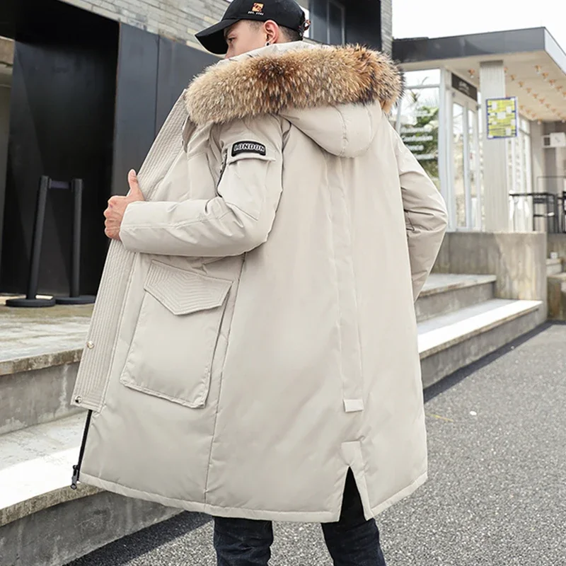 Winter Long Down Jacket for Mens Brand Casual Fur Collar Hooded