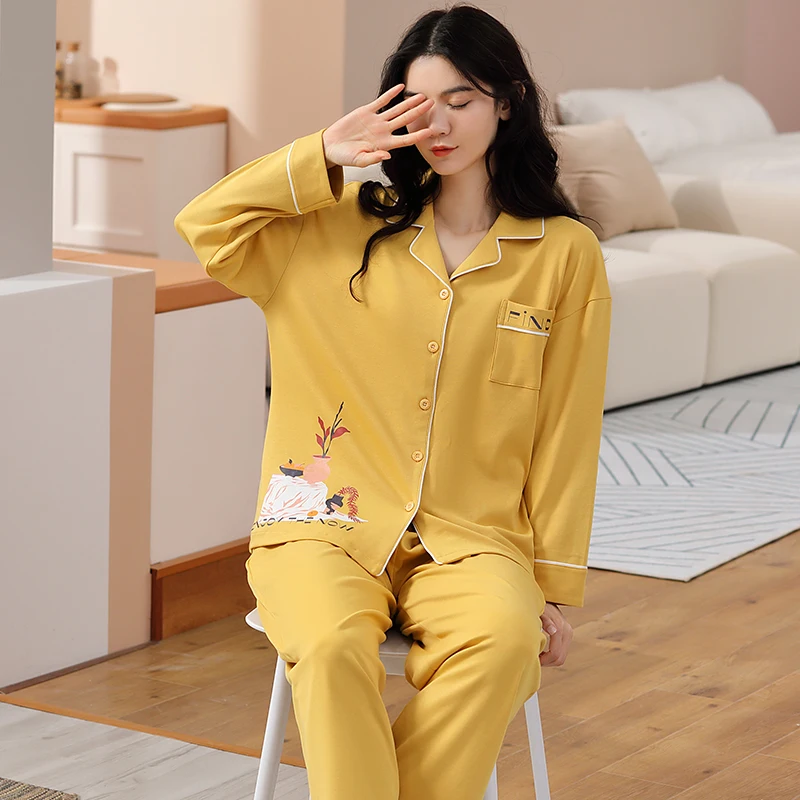 

Ladies Pajamas Set 100% Cotton Floral Printed Pyjamas Women 2Pcs Turn-down M-3XL Sleepwear
