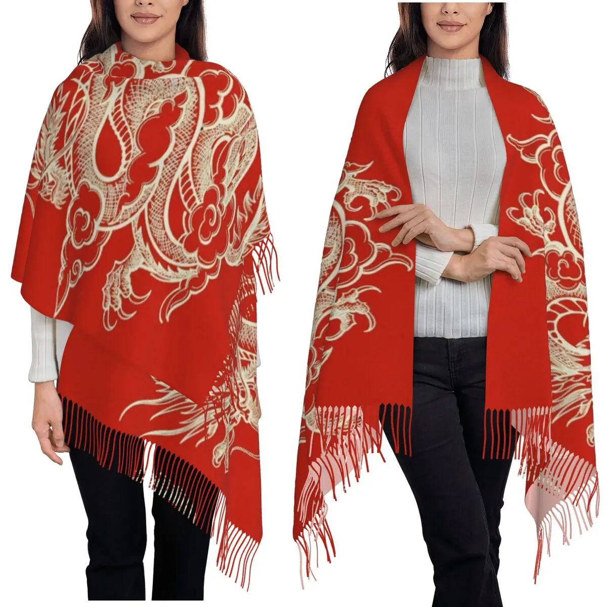 التنين الصيني الآسيوي الشرقية نمط الفن وشاح شرابة الأوشحة النساء لينة الدافئة شالات ويلتف طويل الخريف الشتاء شال التفاف