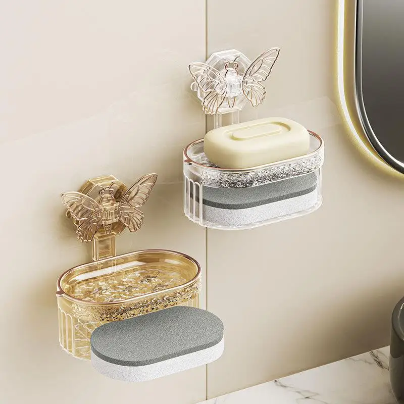 

Strong Suction Soap Holder Light Luxurious Butterfly Shape Creative Wall Mounted Soap Dish Bathroom Storage Rack