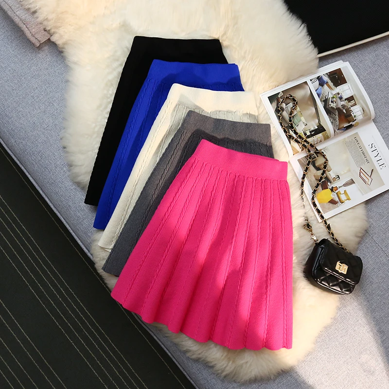 

Autumn Winter Short Knitted Skirt Women Casual Elastic Waist A Line Pleated Umbrella Skirt Korean Fashion Ladies Mini Skirts