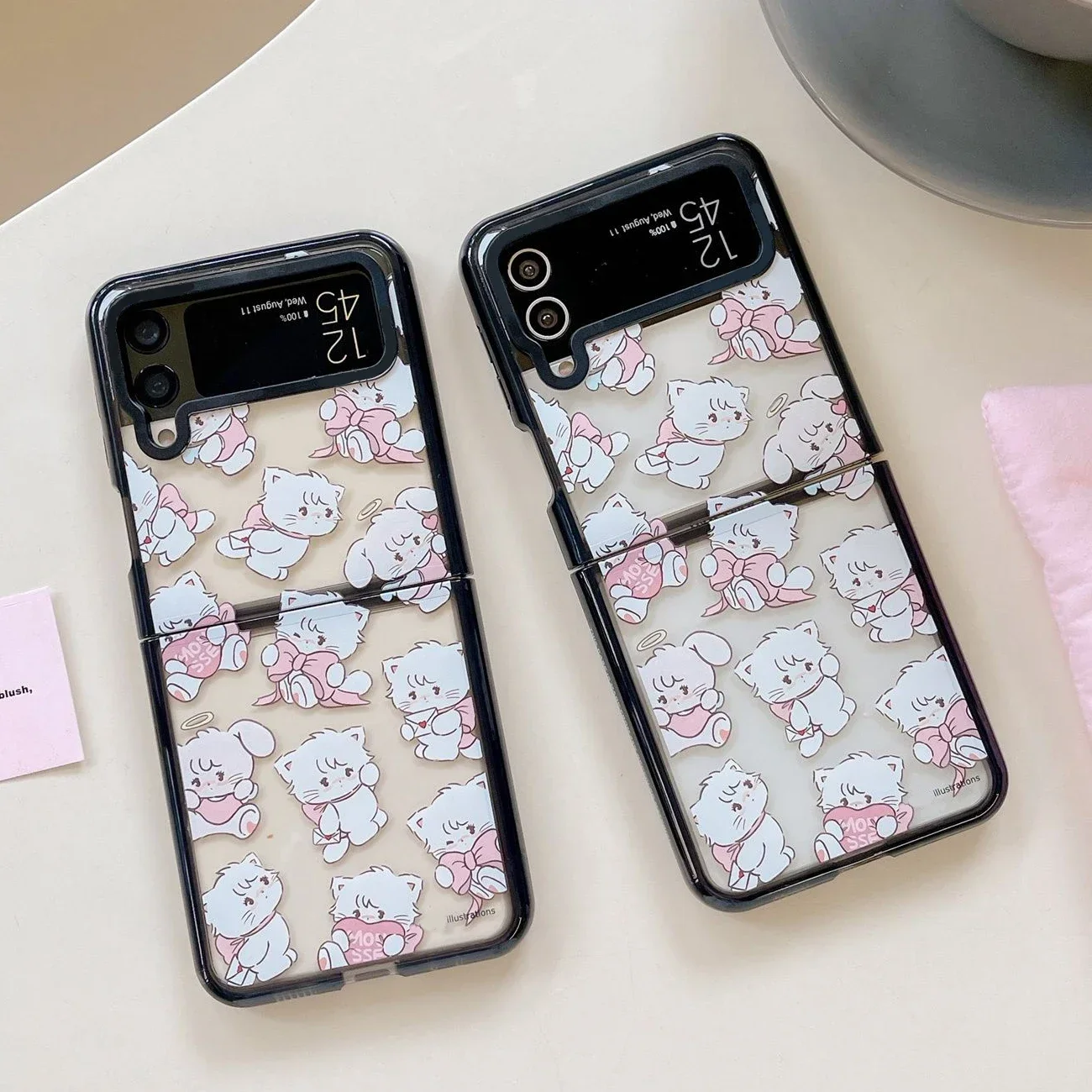 Black Border Acrylic Cat Bowknot Phone Case for Samsung Galaxy Z Flip 5 4 3 Back Cover for ZFlip3 ZFlip4 ZFlip5 Hard Case Shell