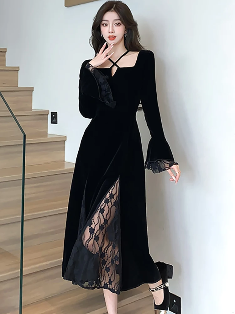 【CHICLINE】Salma Velvet Dress☆韓国で大人気☆ Autumn Winter Black Velvet Square Collar Sexy Dress Women