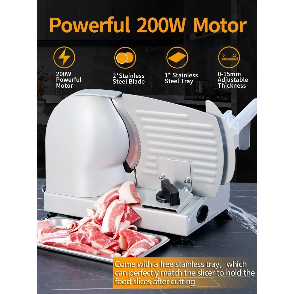 Meat Slicer, 200W Electric Food Slicer with 2 Removable 7.5" Stainless Steel Blades and Stainless Steel Tray 2