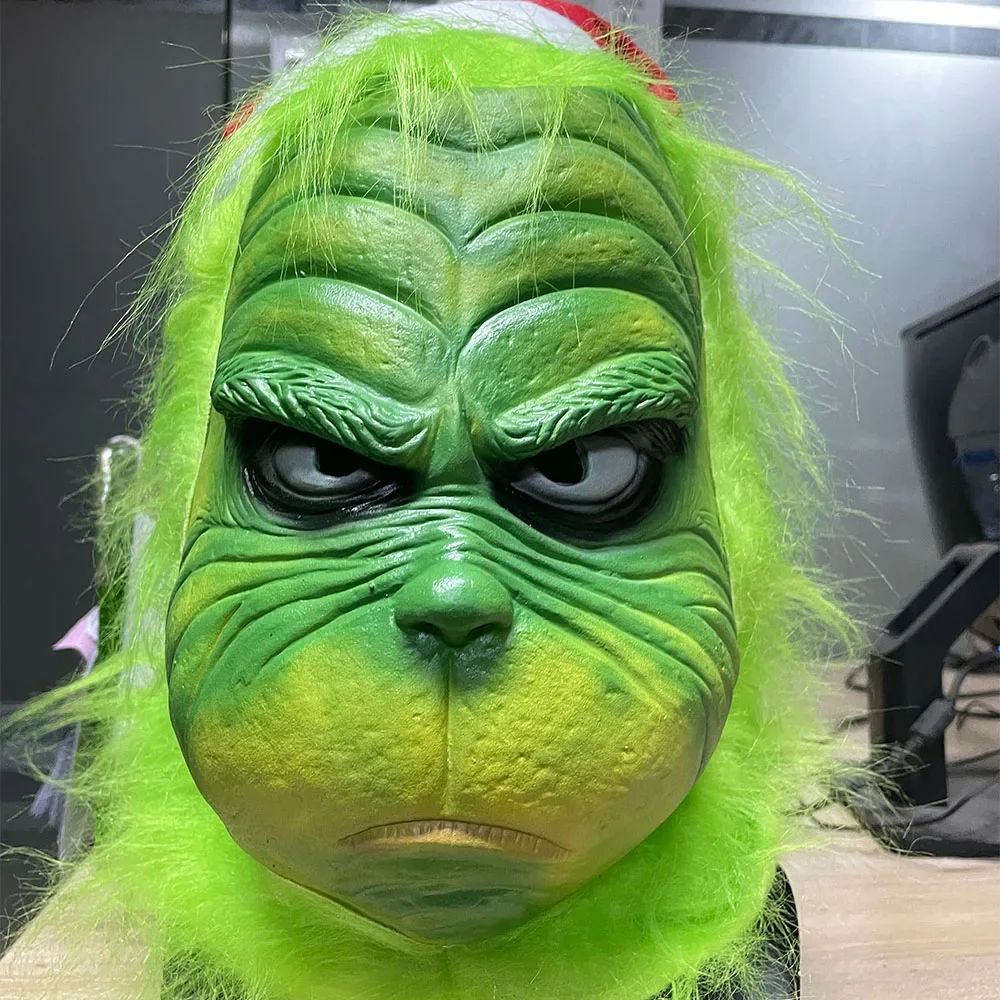 Grünhaarige Monstermaske – Cosplay-Maske, Halloween, Anime, Latex-Kopfbedeckung mit Pelzhandschuhen im Lieferumfang enthalten – Monster-Kostüm-Zubehör – Detail 6