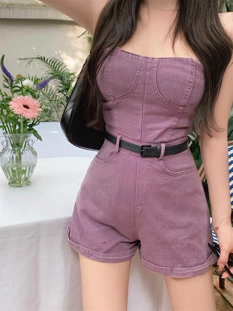 Women's Summer Strapless Sleeveless Denim Playsuit Lady Chic Streetwear Sexy Solid Color Denim Ropmers Short Jumpsuit women s chic strapless sleeveless denim playsuit lady summer streetwear sexy solid color pockets denim rompers with belt