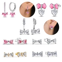 Hot Sale New Arrivals 925 Sterling Silver Exquisite Sparkling Small Bow Pink Stud Earrings Wedding Party Jewelry 1