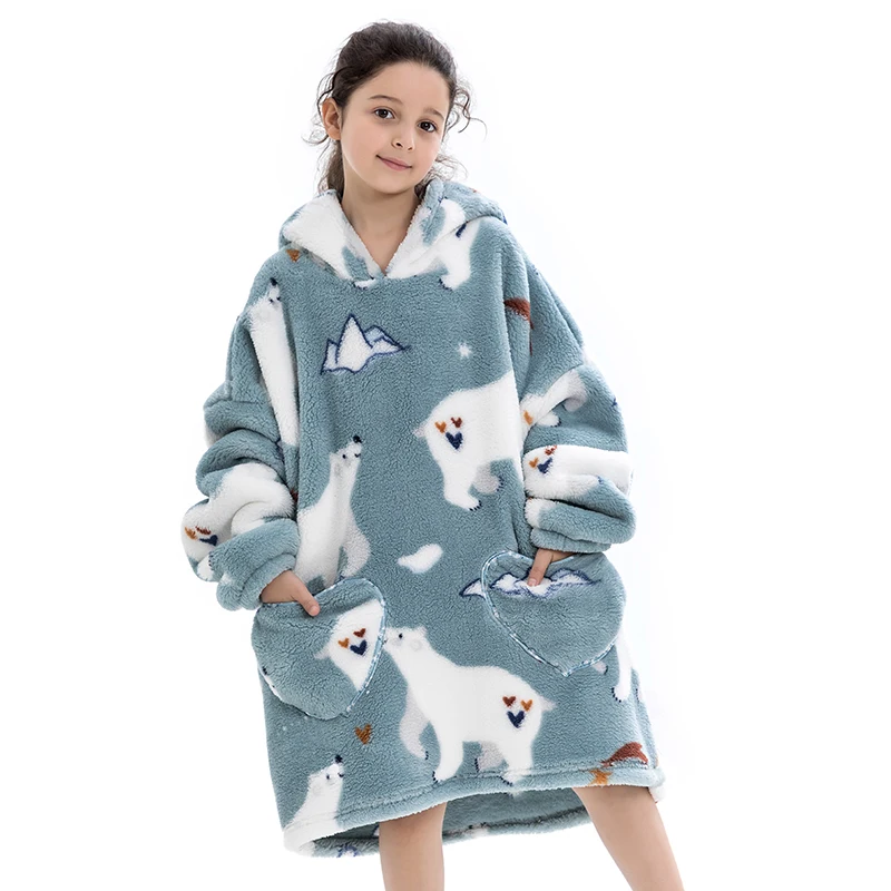 JOJJJOJ Coperta Indossabile Con Cappuccio Per Bambini – Felpa Oversize In Pile Sherpa, 7-14 Anni, Motivi Unicorno E Animali