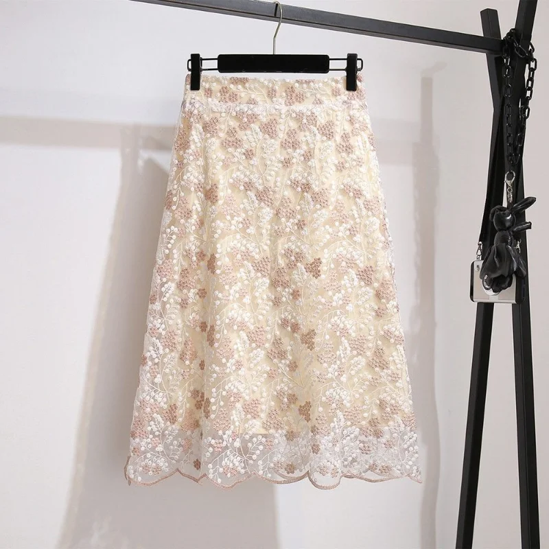 

Elegant Fairy Fashion Lace Skirt Women 2023 Autumn New Elegant Hollow-out Ladies A- Line Midi Skirt Women