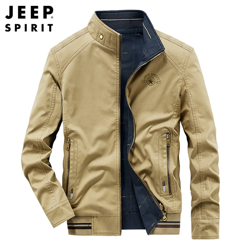 JEEP SPIRIT Men Fashion Urban Double Sided Jacket Autumn New Mens Casual Cotton Solid Coat Stand Collar Business Slim Fit Jacket 5