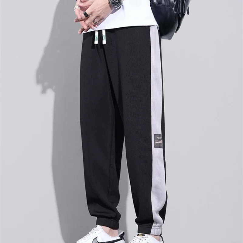 Versatile Street Thin Loose Breathable Sports Casual Pants Men's Trendy Pockets Patchwork Contrast Drawstring Straight Trousers