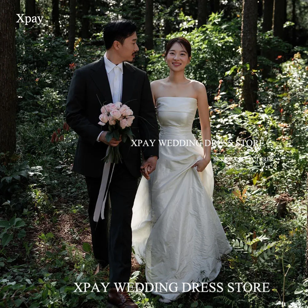 

XPAY Strapless Satin Korea Wedding Dresses Sleeveless Elegant Bridal Dress For Photo Shoot Backless Custom Made Bride Gowns