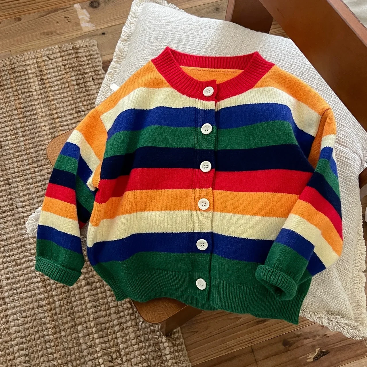 Autumn Winter Children Rainbow Sweater Kids Knit Cardigan Baby Girls Knitted Jacket Fashion Korean Boys Jumper Coat Knitwear