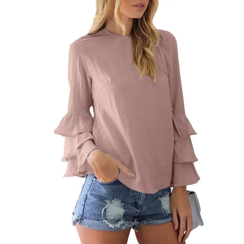 

Elegant Three-layer Ruffled Long Sleeve Women Blouse 2023 Fashion O Neck Simple Shirt Autumn Loose Blusas Mujer Lady Tops 30342