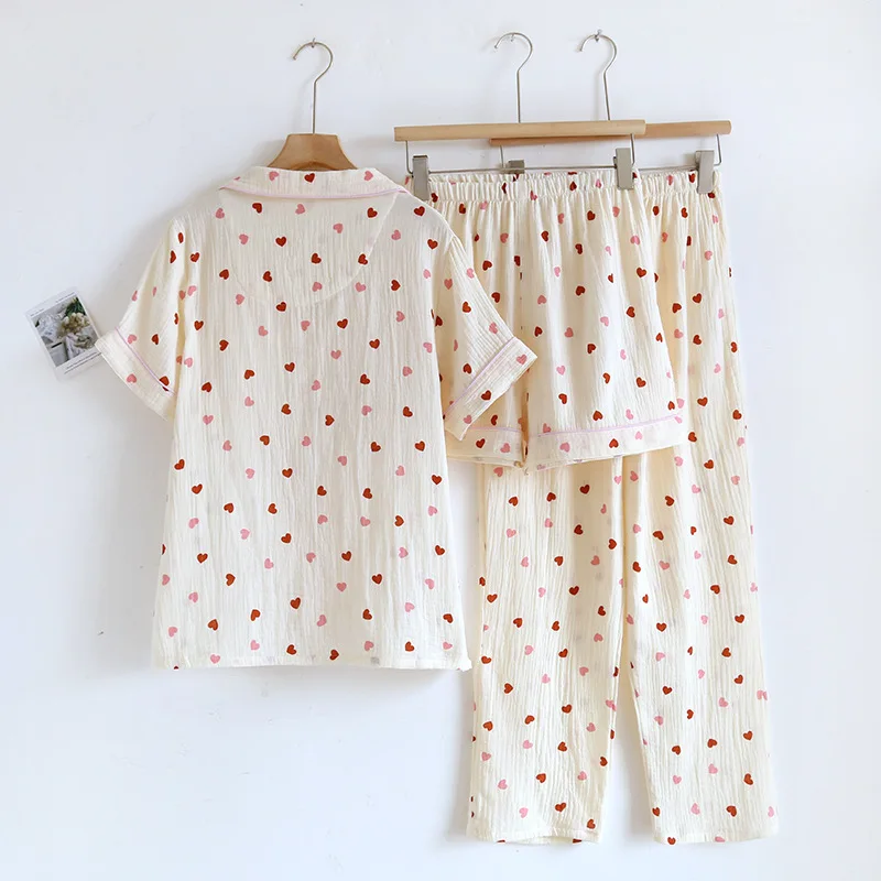2024 New Summer Pajama Set 100% Cotton Crepe Love Short Sleeves+Shorts+Pants Three Piece Buckle Cute Home Fury Ladies Sleepwear