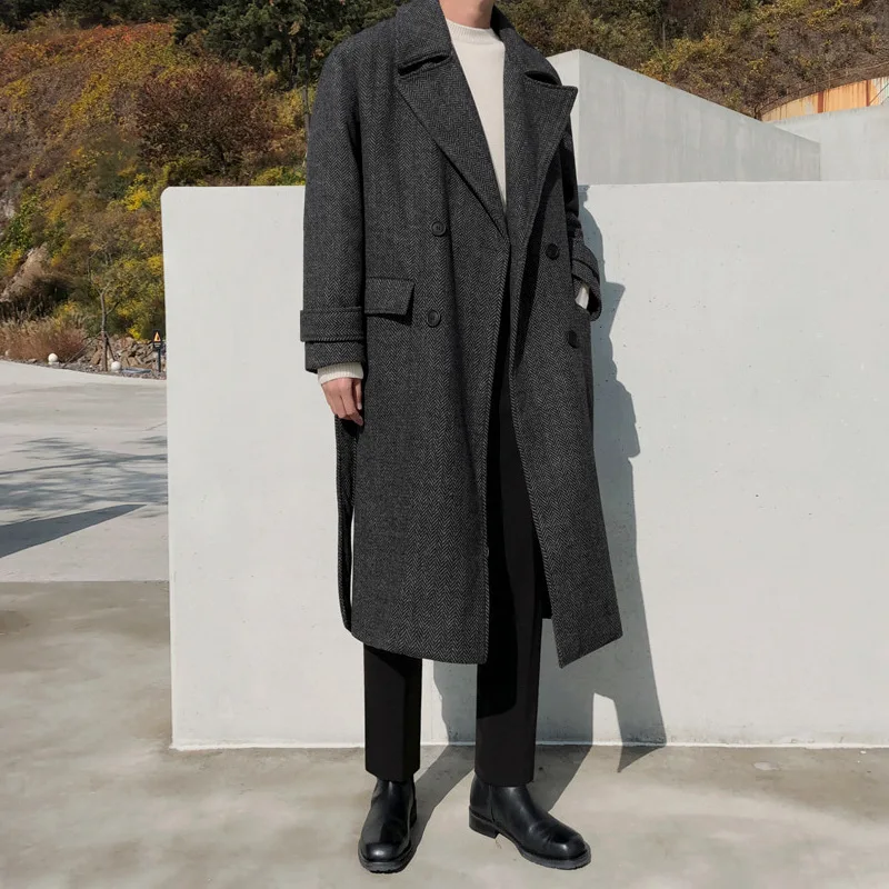 

Winter Thickened Coat Men Korean Over The Knee Mid-length Trench Coat Loose Herringbone Tweed Jacket