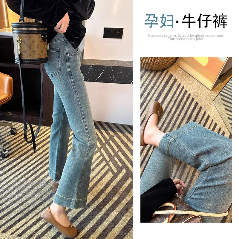 Stretch Denim Maternity Flared Cropped Jeans Spring Summer Belly Pants Clothes Pregnant Women Pregnancy Slim Trousers maternity jeans