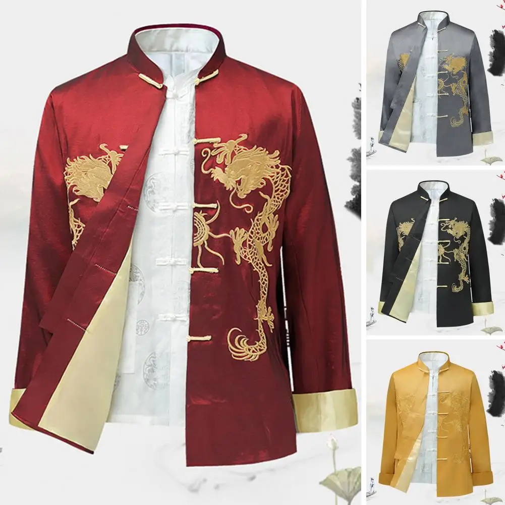 

Traditional Chinese Style Embroidery Dragon Hanfu Blouse Wu Tang Suit Men Kung Fu T Shirts Tops Jackets Cheongsam New Year Coats