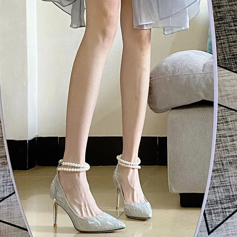 

Shallow Pearl Chain High Heels One Word Sequins Pointed Toe Pumps Leather Stiletto Wedding Sandals Women Shoes Zapato de Tacón