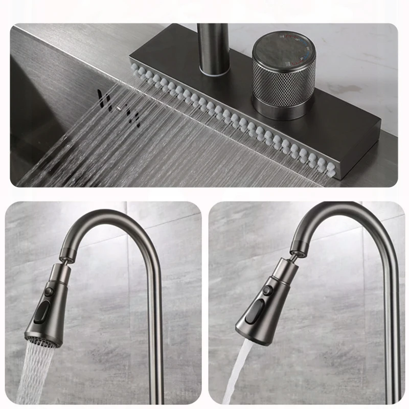 Waterfall  Sink Kitchen Faucet Hot Cold Mixer Wash Basin Multiple  Water Outlets Rotation Flying Rain Tap Single Hole Grey