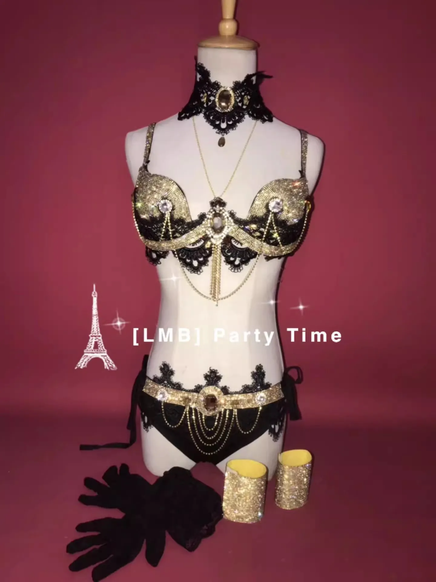 

Sparkling Gold Diamond Lace Tassel Bikini Outfits Sexy Catwalk Set Party Club Bar Nightclub DJ Singer Stage Performance Clothing