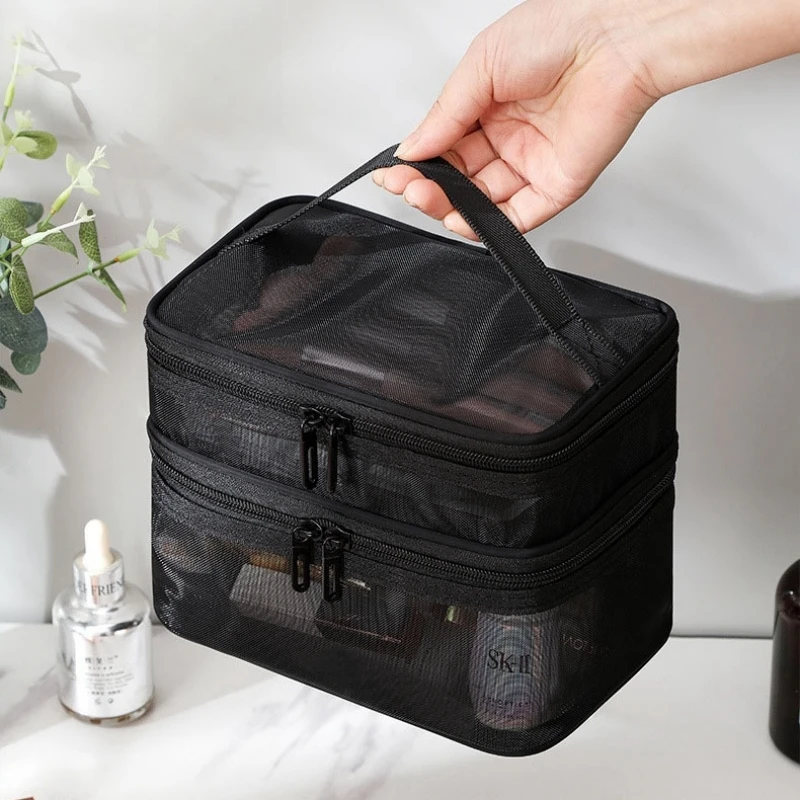 Travel Mesh Wash Storage Bag Makeup Organizer Cosmetics Make Up Skincare Box Plastic Container Handbag For Women Men Bathroom 2