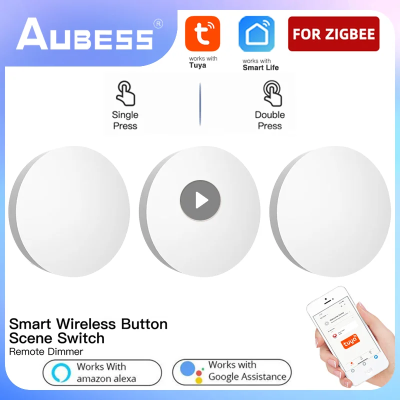 Aubess Tuya Zigbee Button Smart Switch Multi-Scena Linkage Single/Double/Long Press Control Scene Switch Smart Home Smart Life