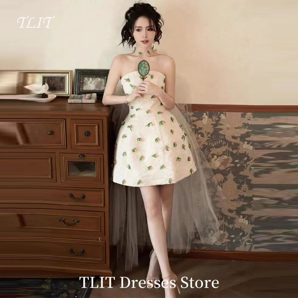 TLIT White Satin Evening Gown Dress Wedding Dress Photo Shoot Strapless Long Tulle Mini-Length Prom Gown Formal Party