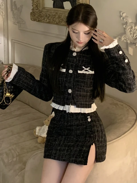 Vintage Small Fragrance Camellia Bow Tweed Two Piece Set Women Korean  Fashion Short Jacket Coat + Pleated Skirt Suits