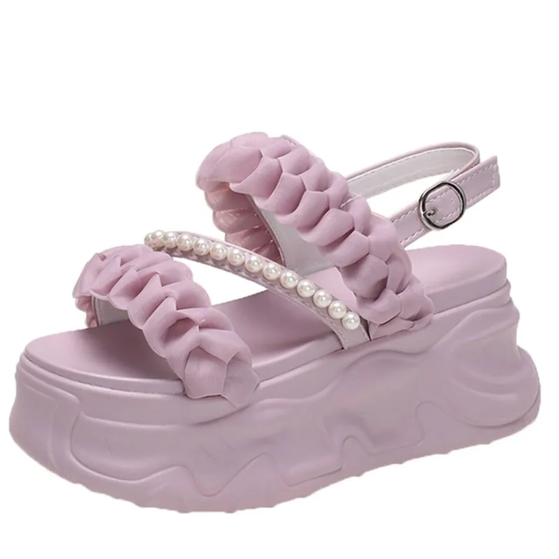 

Summer 2023 Casual High Platform Sandals Women Buckle Strap Slippers Thick Bottom Pearl Sandalias Woman Chunky Beach Shoes Mujer