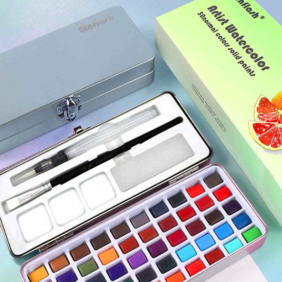 Ginflash 50 Normal Colors Solid Watercolor Paints Painting Set Cotton Paper Portable Outdoor Pigment Gift Water Color Set