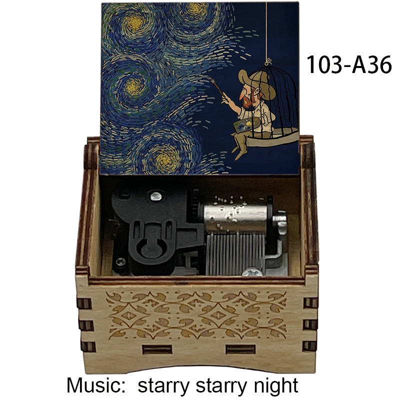 Starry Starry Night Wooden Music Box Clockwork Automatic Stainless Steel Movement Holiday Gifts Home Decoration Ornaments 6