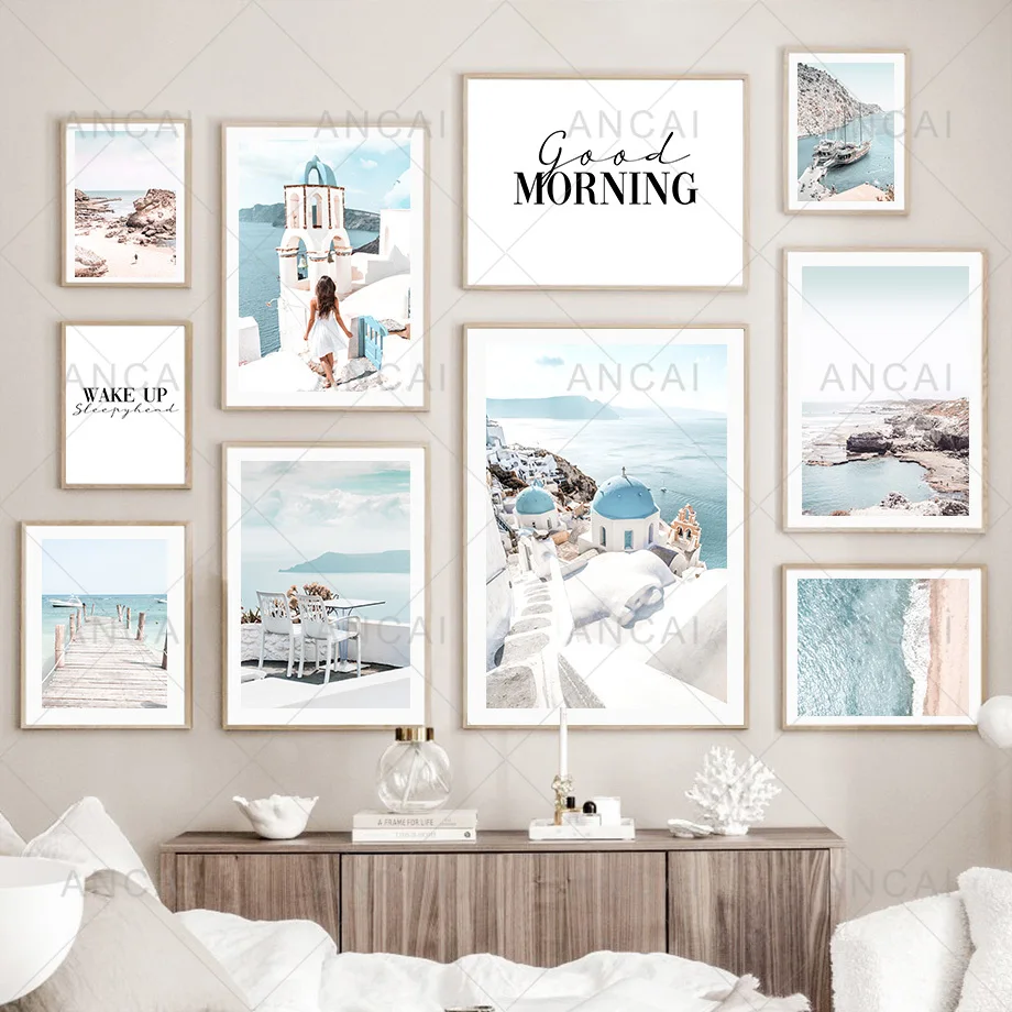 Beach Bridge Boat Waves Grecia Aegean Sea Wall Art Canvas Painting Nordic Poster E Stampe Immagini Per La Decorazione Del Soggiorno