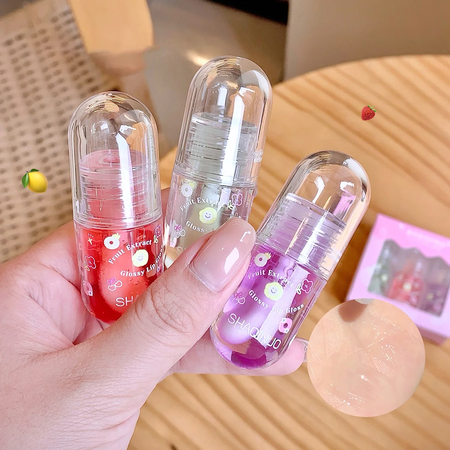 1/3Pcs Fruit Lip Oil Set Transparent Jelly Mirror Water Lip Gloss Nourishing Moisturising Anti-Dry Lips Plumping Makeup Care