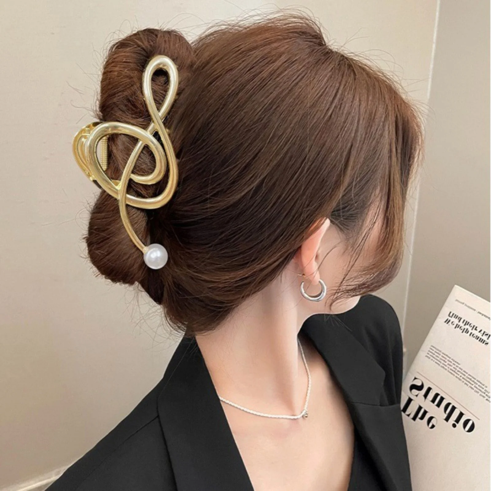 1PC　Treble Clef Hair Clips with Pearls, Metal Music Note Hair Accessories, Fashionable Hair Claws for Women's Chic Looks