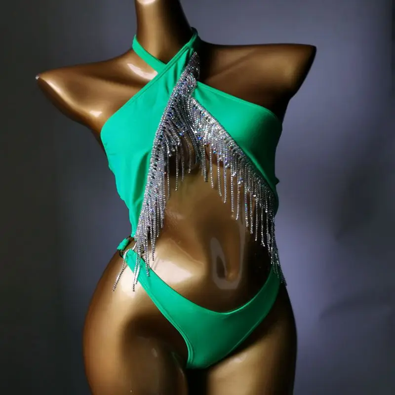 2023 Diamond New Bikini One-piece Swimsuit Cross Tie Silver Tassel Swimsuit Night Club Special Clothing Bodybuilding Performance