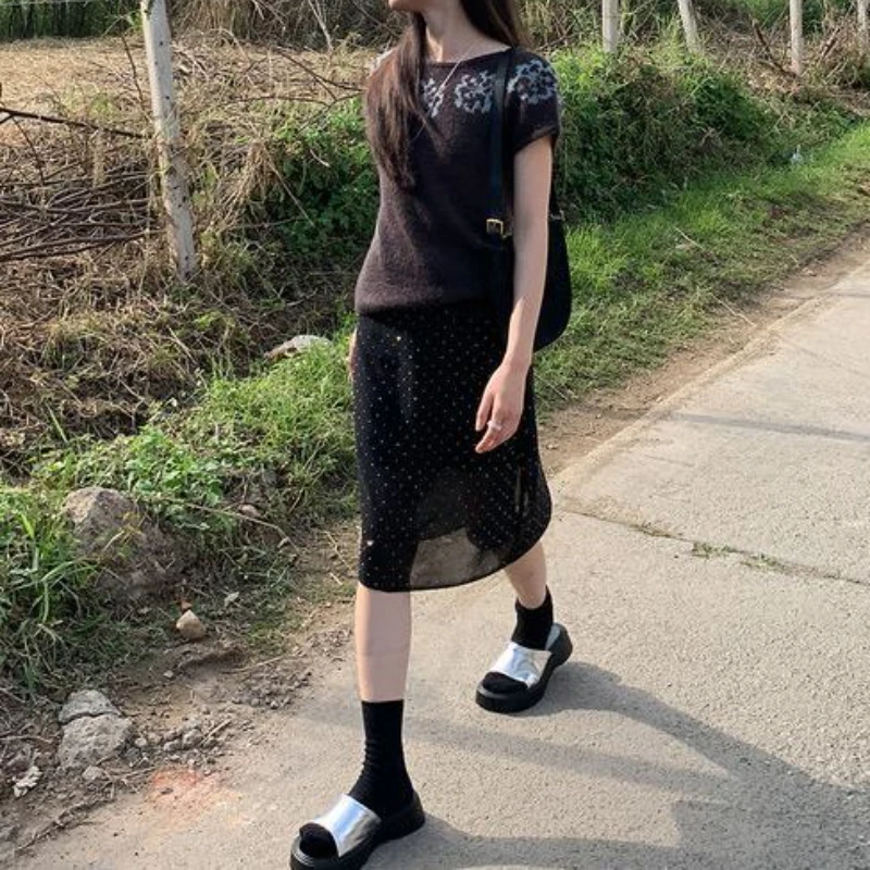 Deeptown koreanischen Stil Tüll Vintage Röcke schwarz Mesh sexy Punkt y2k Mittel rock A-Linie Streetwear lässig transparenten Mode Rock