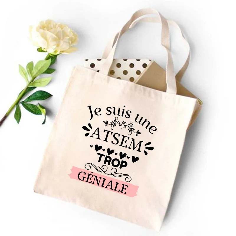 Super Atsem Eco Shopping Bag Merci Atsem French Print Harajuku Fashion Women School Bags Gifts Canvas Personalized Shoulder Bags