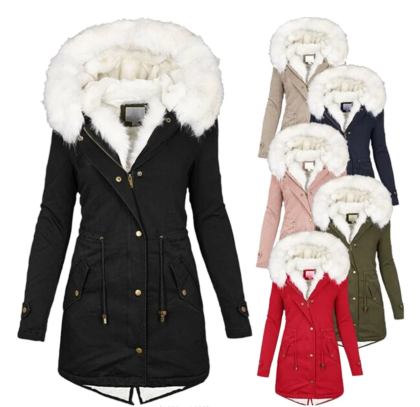 

Large size cotton-padded jacket, hooded fur collar, waist, thin, thick, warm, mid-length cotton-padded jacket