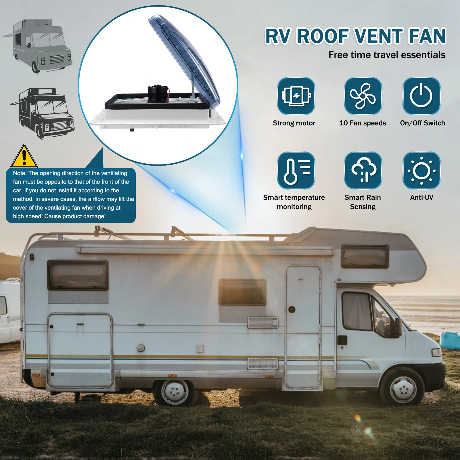 RV Roof Vent Fan Reversible Exhaust Fan with Rain Sensor Temperature Monitoring 12V with Remote for RV Air Ventilation Ceiling rv ventilation fan